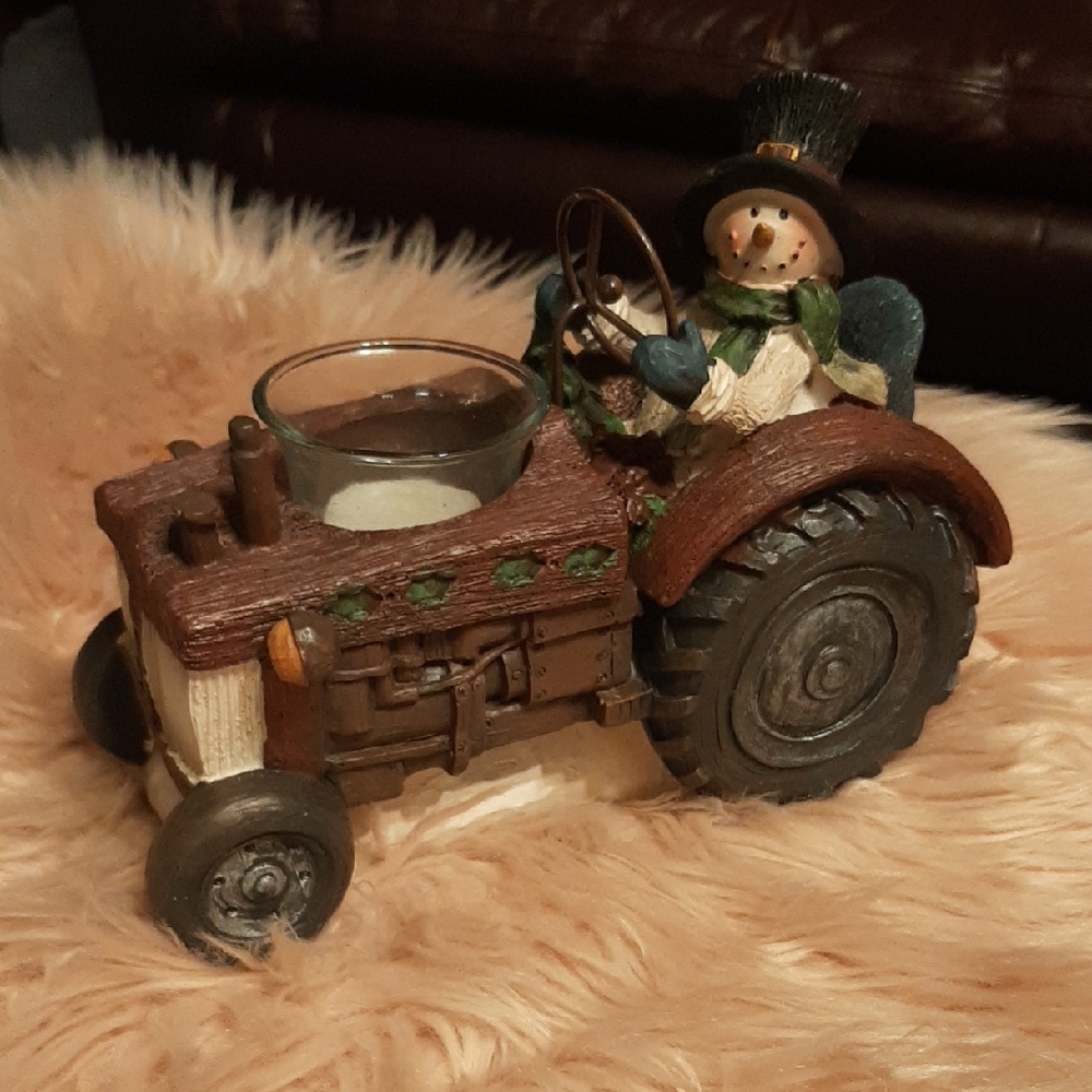 Charming Brown Tractor Candle Holder with Snowman